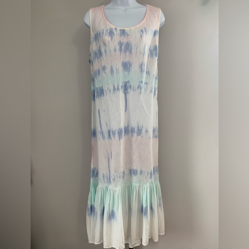 CHARLIE B Blue and Pink Ruffled Tiered Maxi Sundress